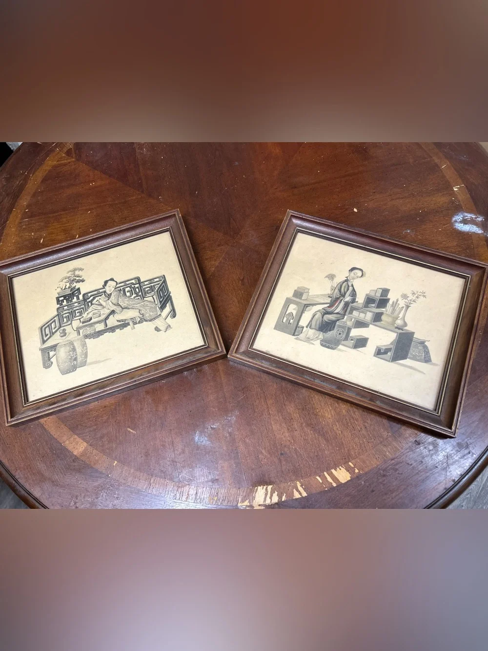 Vintage Brown Framed Oriental Art Prints - Set of 2 Chinese lithograph